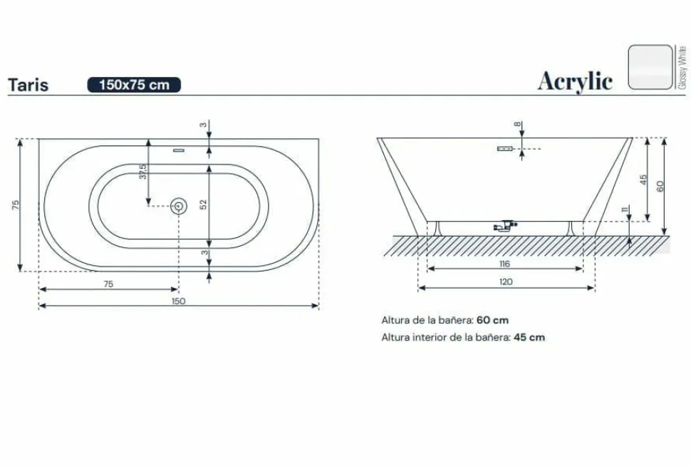 Bañera Acrilica Exenta Adosada A Pared Con Faldón – Taris – Baños 10