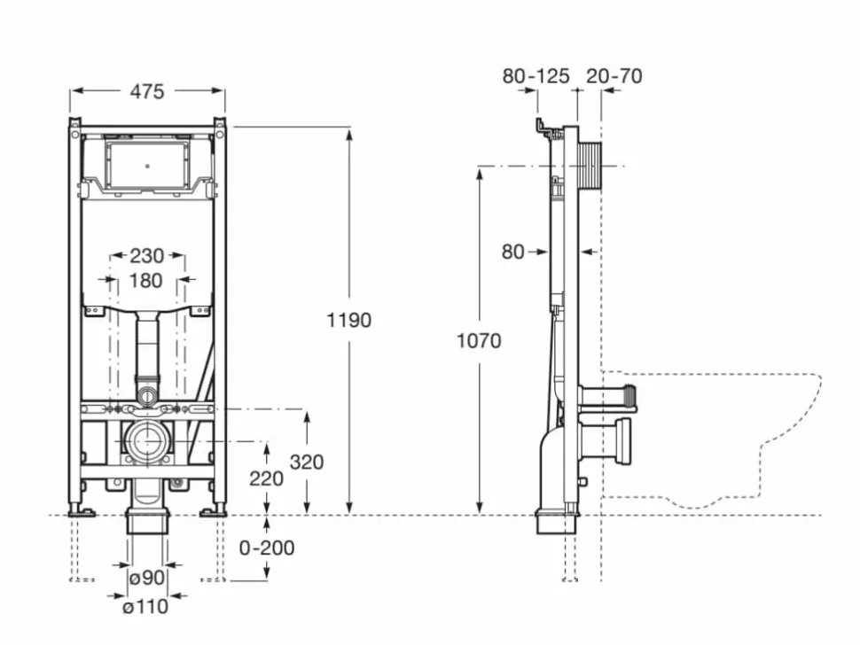 Bastidor Empotrable Con Cisterna De Doble Descarga Y Flexo De Alimentación Para Smart Toilets. Codo De 90 ø / 110 ø – A890078020 – Roca