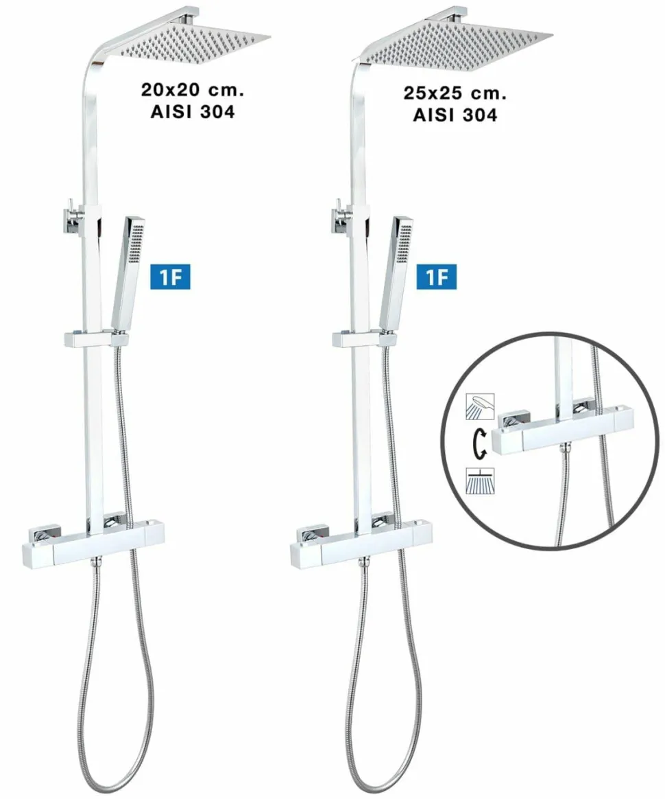 Columna De Ducha Luxor Con Termostática, Rociador Acero Inoxidable AISI304 De 25×25 Cm. – 20LUC25LUD02 – AQG