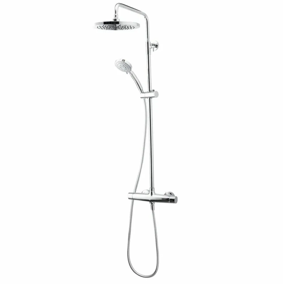 Columna De Ducha Mezcladora Livra Rociador 250 Mm Inox, Flexo Pvc Y Maneral Aroha 3 Funciones Cromo – 49650301 – Galindo
