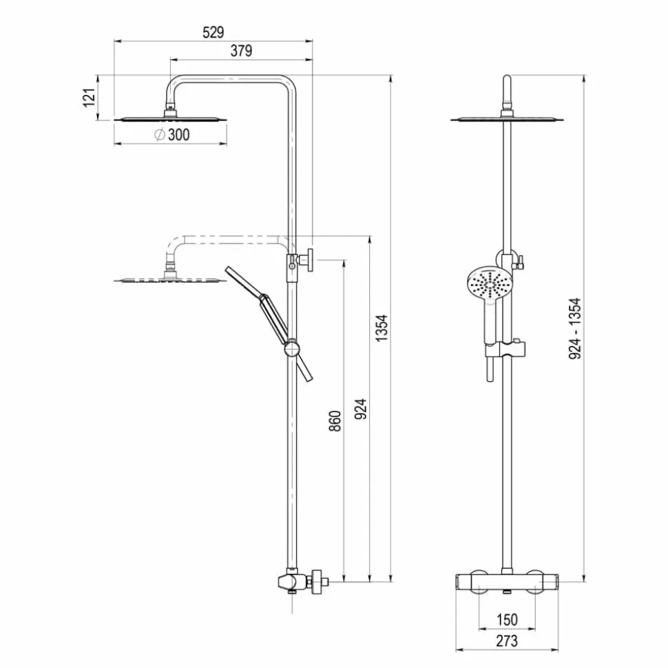 Columna De Ducha Termostática Rociador Extraplano 300 Mm Inox, Flexo Pvc Y Maneral 5 Funciones – Aroha – Galindo – 46059500