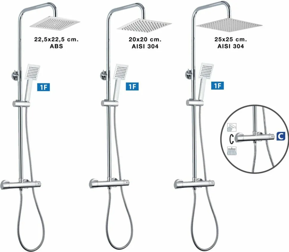 Columna De Ducha Wind Blu SQ Con Termostática, Rociador Acero Inoxidable AISI304 De 25×25 Cm. – 20WBC25ESC02 – AQG