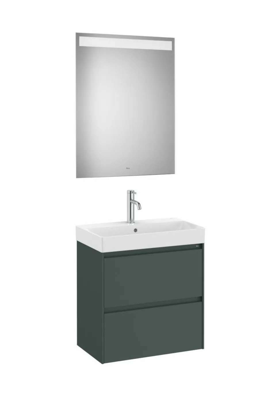 Conjunto De Mueble Base Compacto De Dos Cajones Con Fondo De 36 Cm, Lavabo Y Espejo Eidos Con Luz LED Integrada En La Parte Superior – Ona – Roca