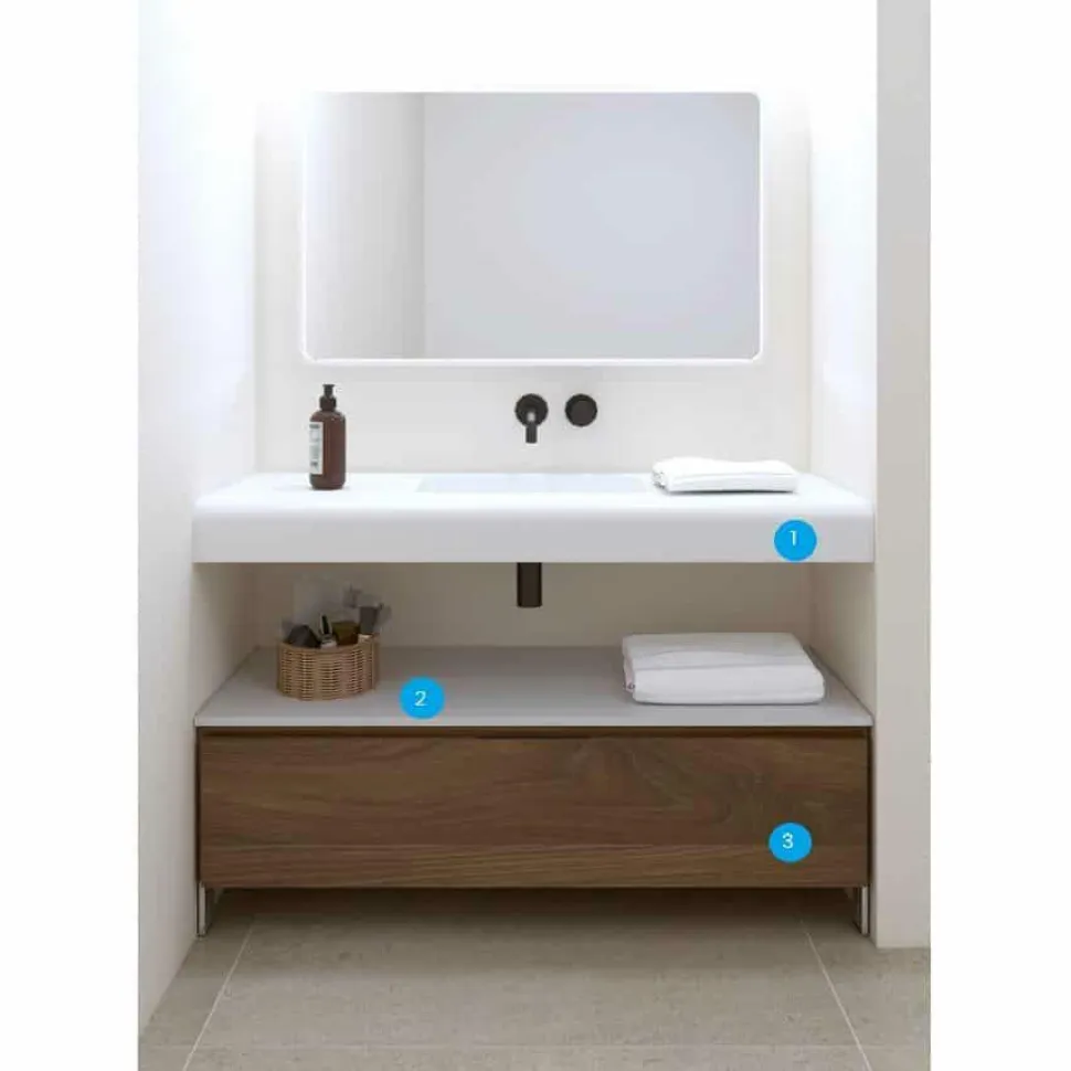 Conjunto Encimera SolidCoat Surface Clos Life Faldon 11 Cm Con Bajo Mueble A Suelo Con Patas 1 Cajón – Serie Life – Baños10