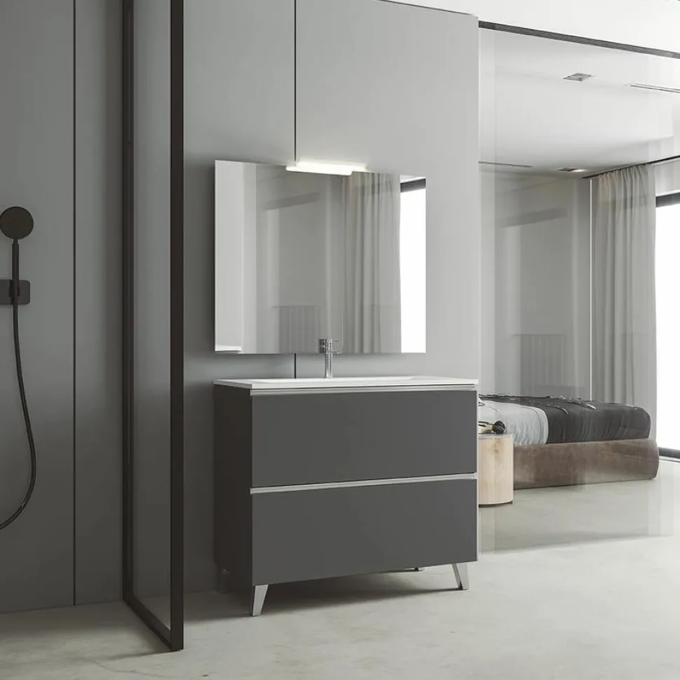 Conjunto Mueble De Baño A Suelo 2 Cajones + Lavabo Ceramico Flat + Espejo Sevilla – Granada – Visobath
