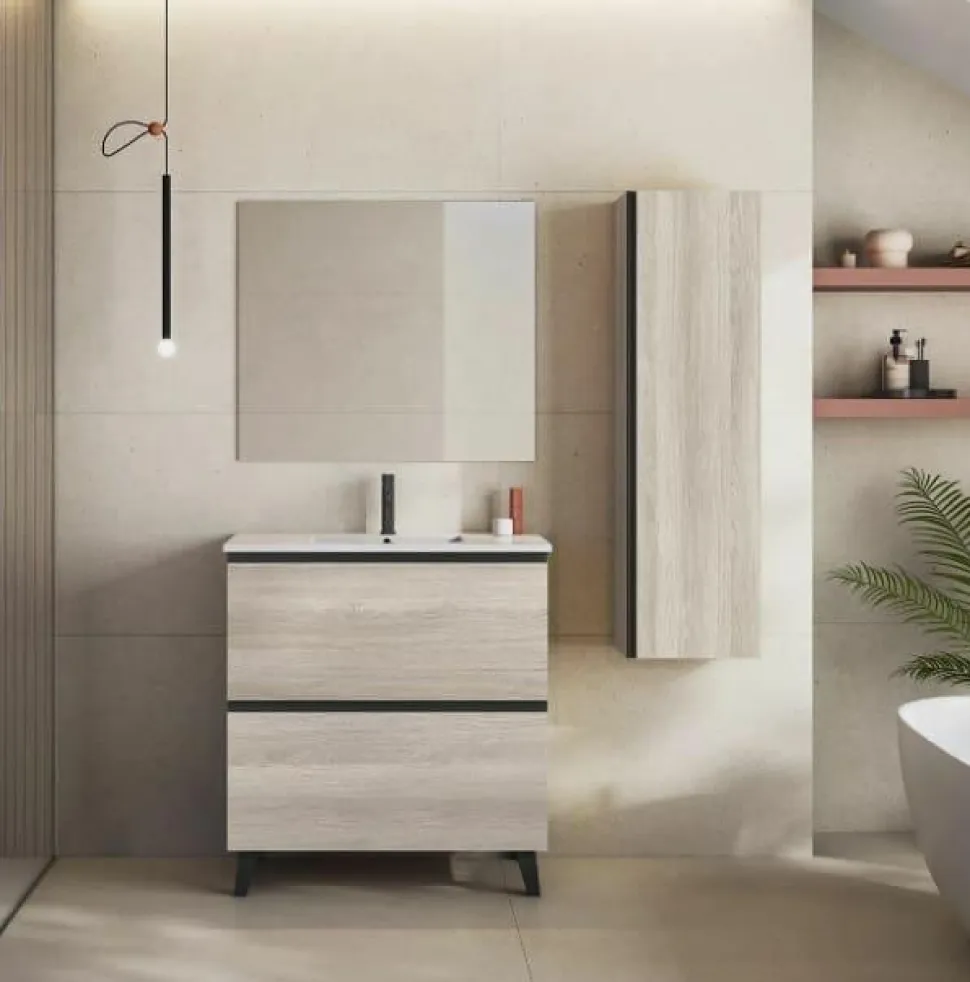 Conjunto Mueble De Baño A Suelo 2 Cajones + Lavabo Ceramico Flat + Espejo Sevilla – Granada – Visobath