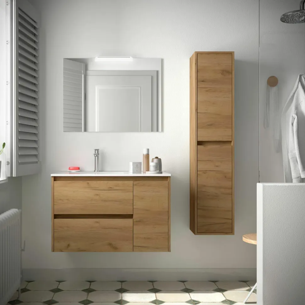 Conjunto Mueble De Baño 2 Cajones Y 1 Puerta Derecha Lavabo Espejo Aplique 84,8 Cm- Noja – Salgar