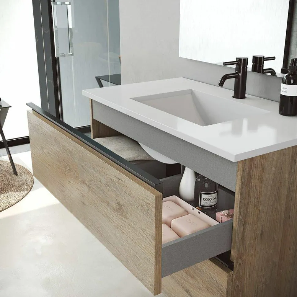 Conjunto Mueble De Baño Suspendido 2 Cajones + Lavabo De Porcelana Flat – Granada – Visobath