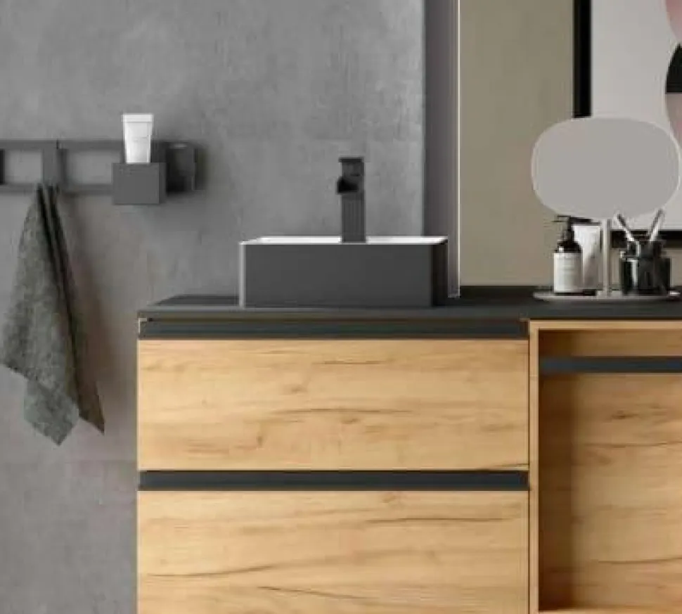 Conjunto Mueble Suspendido 2 Cajones + 1 Cajón Con Toallero Extraible Y Lavabo De Porcelana – Spirit – Salgar