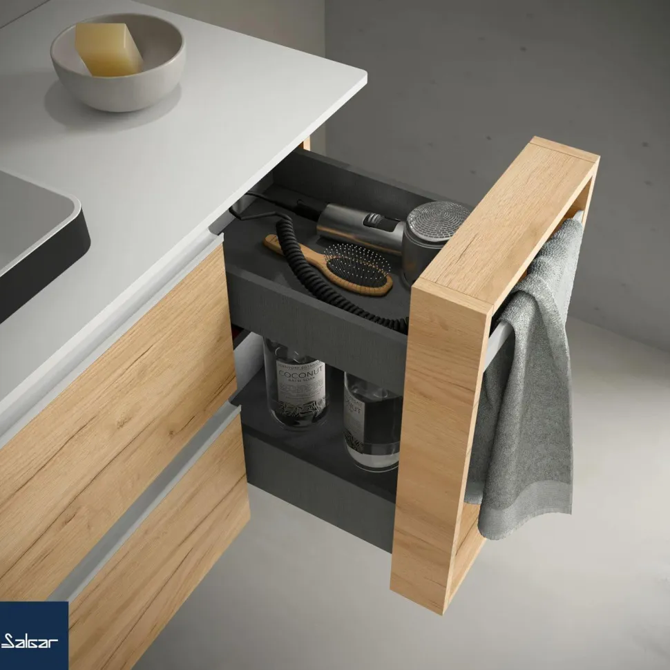 Conjunto Mueble Suspendido 2 Cajones + 1 Cajón Con Toallero Extraible Y Lavabo De Porcelana – Spirit – Salgar