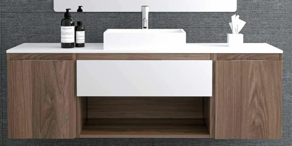 Conjunto Mueble Suspendido 1 Cajón Y 1 Hueco + Modulo De 1 Puertas En Laterlales Con Encimera SolidCoat Surface Y Lavabo Sobreencimera Carey – Serie Life – Baños10