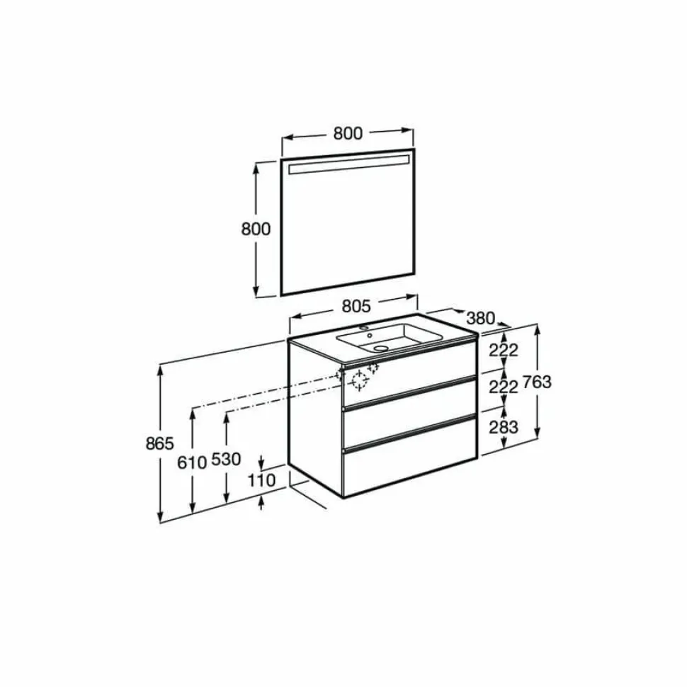 Conjunto Pack Mueble Base Compacto De Tres Cajones, Lavabo Y Espejo LED – The Gap – Roca