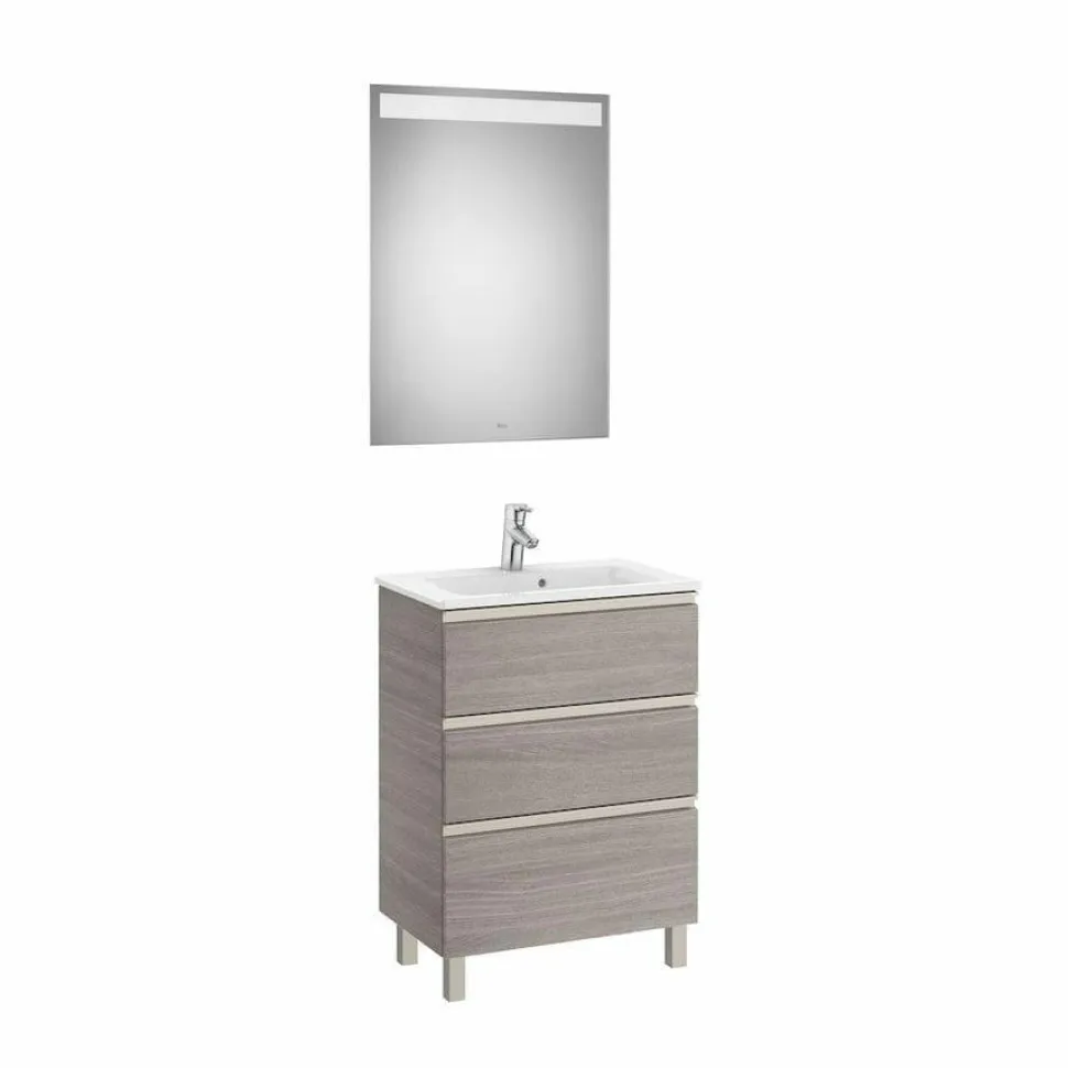 Conjunto Pack Mueble Base Compacto De Tres Cajones, Lavabo Y Espejo LED – The Gap – Roca