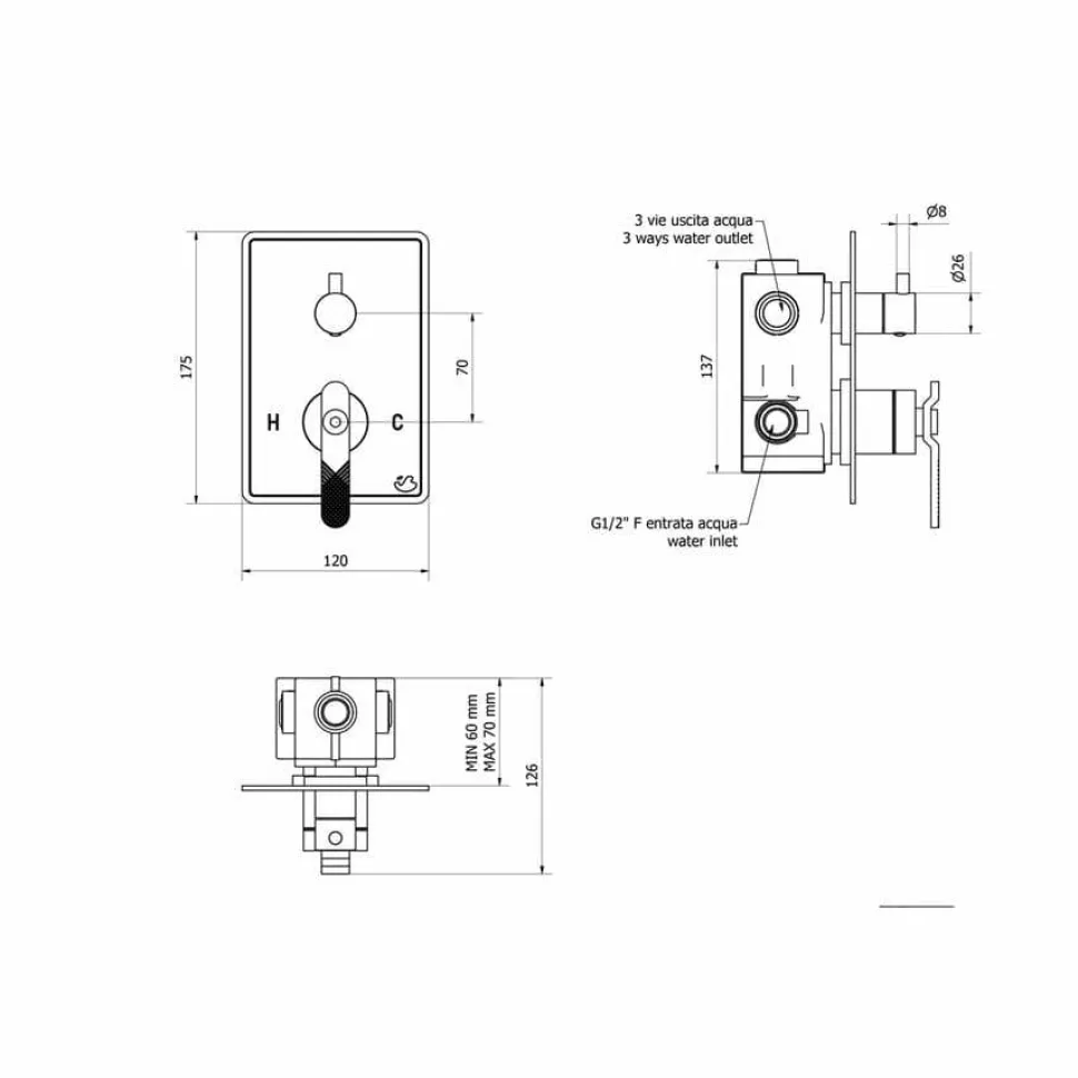 Grifo De Ducha Empotrable 3 Vías Pulsador Lever – Strem – Galindo – 7977200