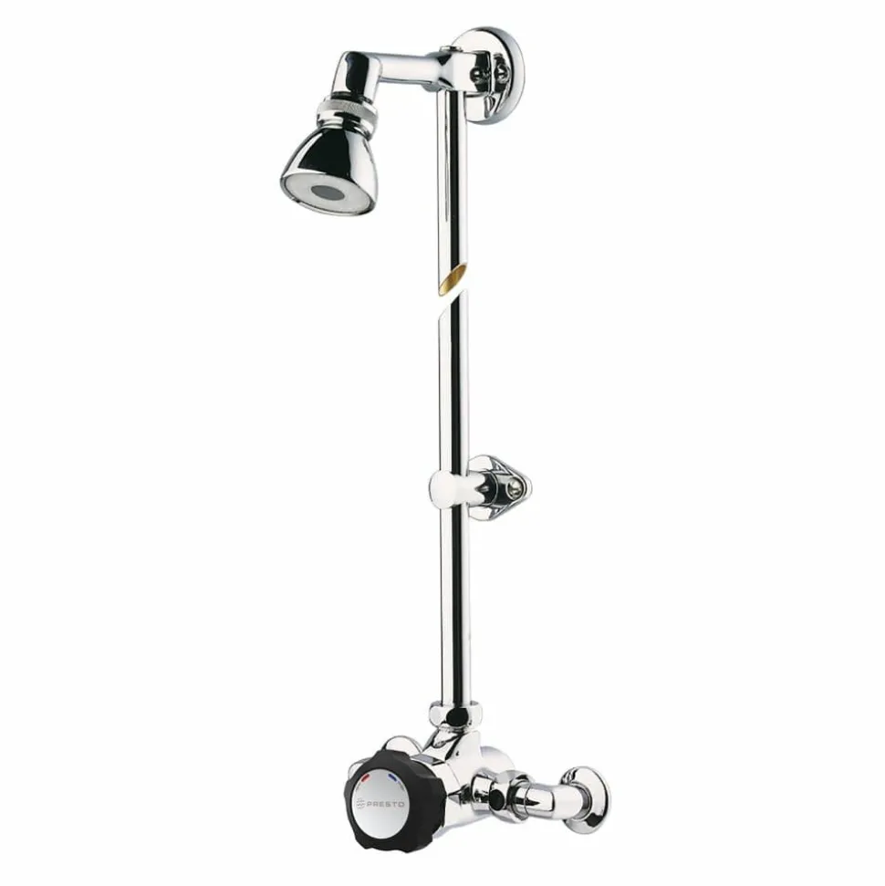 Grifo Temporizado Ducha Vista Mezclador Accionamiento Mediante Pulsador. PRESTO Conjunto Alpa 80 Con Rociador Orientable (con Racores) – 98902 – Presto Iberica