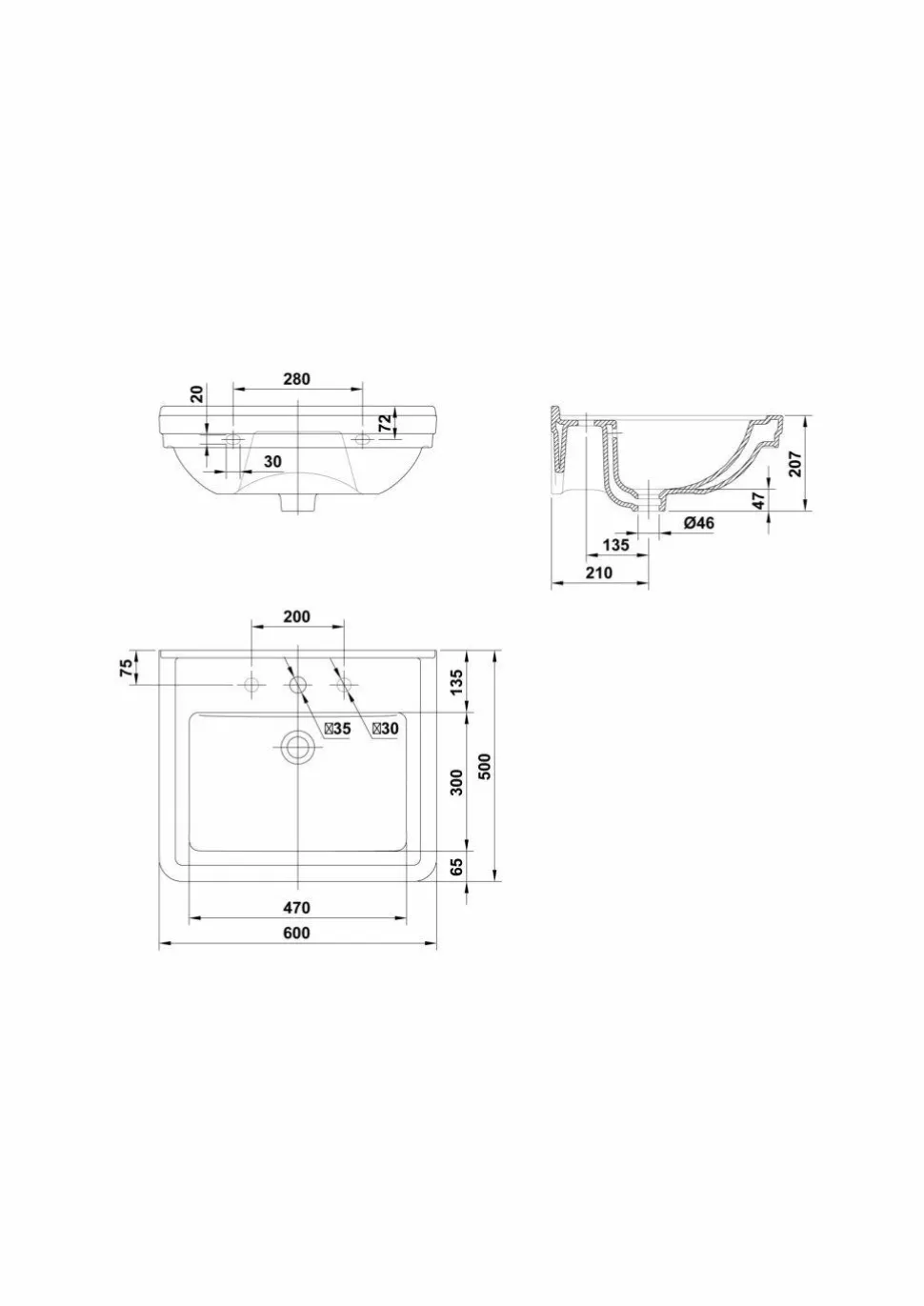 Lavabo Noble De 60 Cm Con Juego De Sujecion Blan – Gala – G1204001