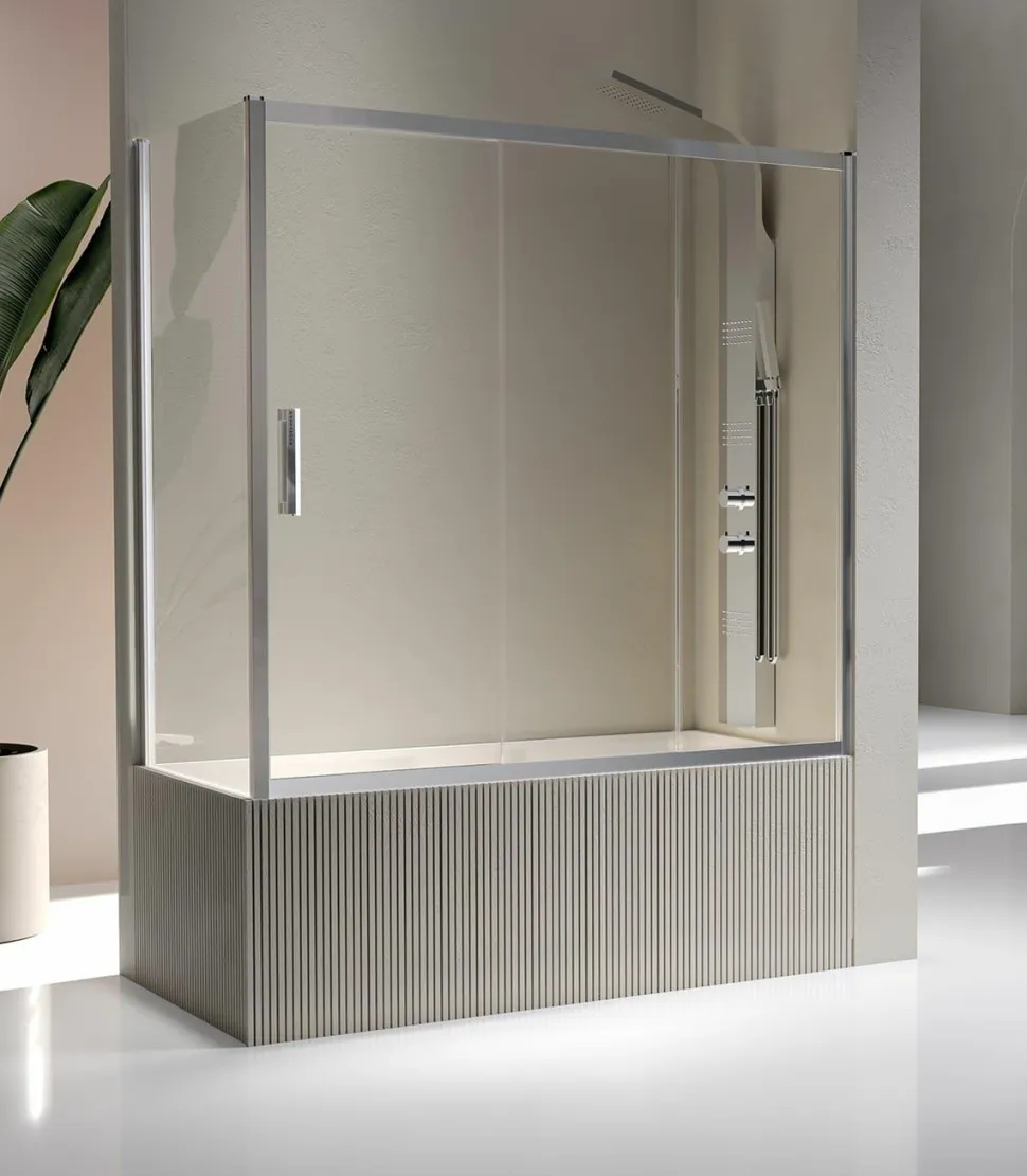 Mampara De Bañera Fijo + 2 Puertas Correderas 6 Mm Cromo Vidrio Transparente – Kaarol – KA151 – Kassandra