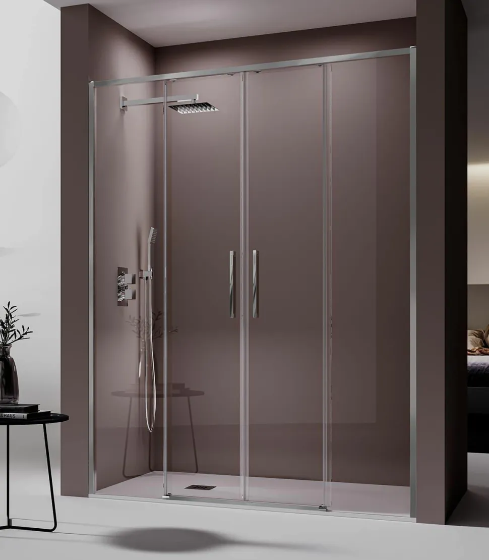 Mampara De Ducha Frontal 2 Fijos + 2 Puertas Correderas Perfil Plata Brillo – DE 100 – Delta – Kassandra