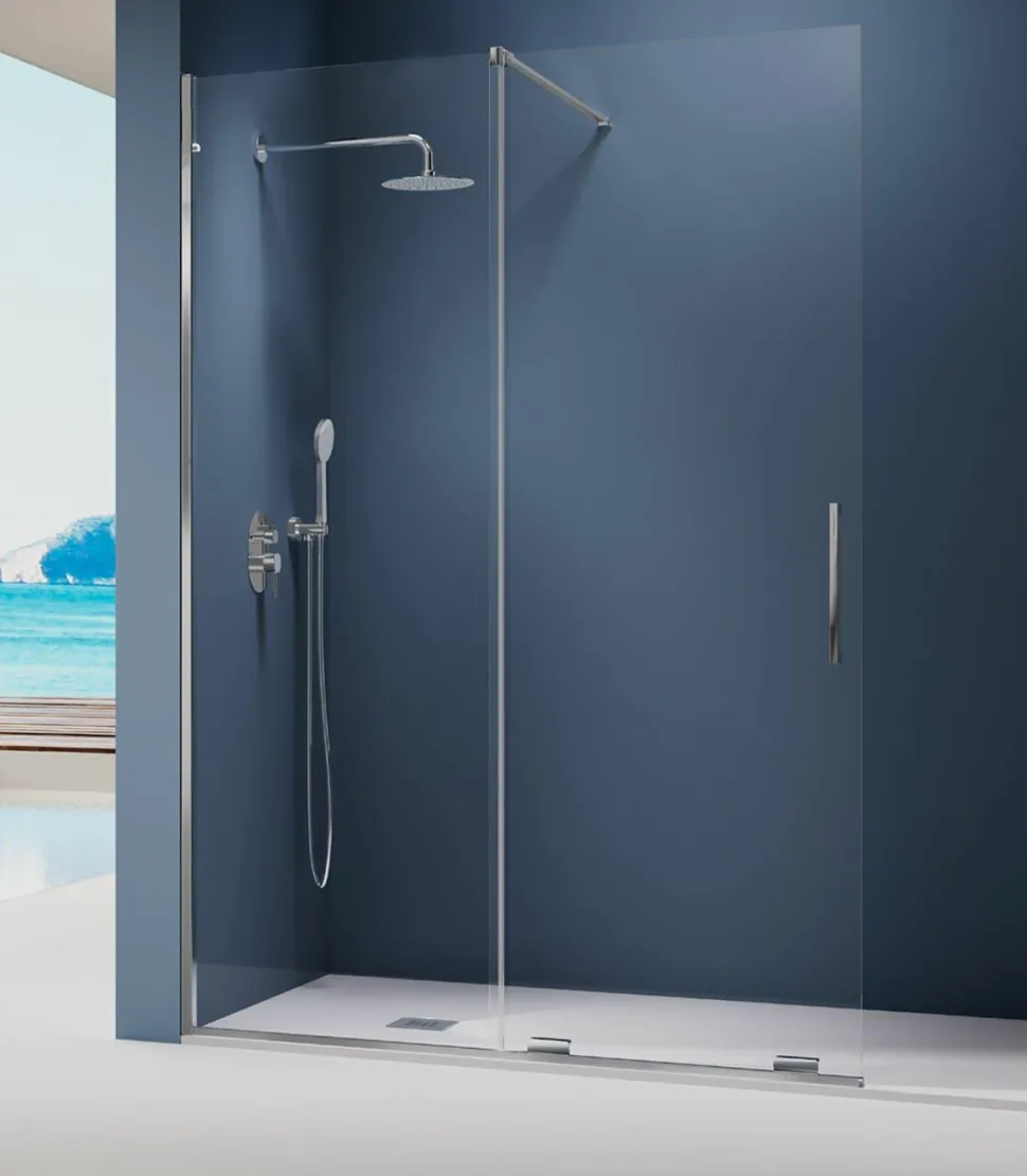Mampara De Ducha Frontal Fijo + Puerta Corredera Deslizable Por La Parte Inferior Perfil Cromo Con Apertura, Sin Cierre MK607 – Moka – Kassandra