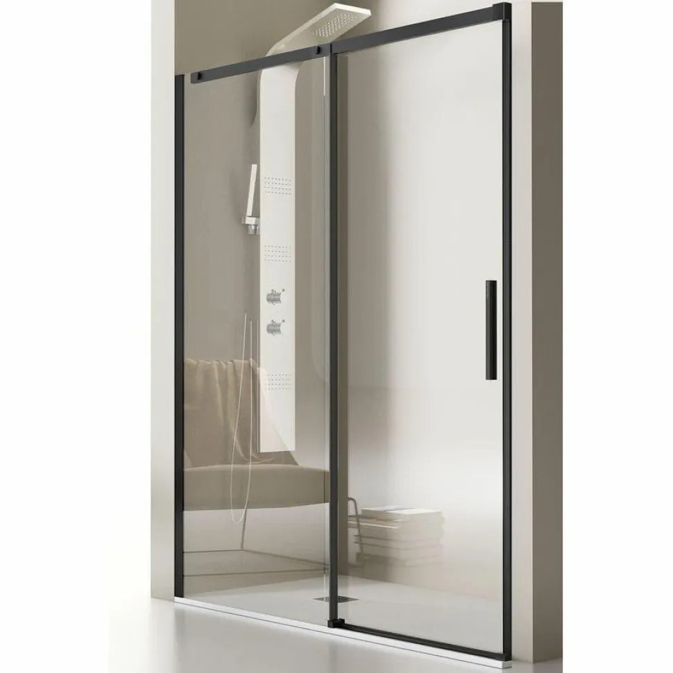 Mampara Frontal De Ducha Fijo + Puerta Corredera Perfil Negro – Luna LU102 05 – Kassandra