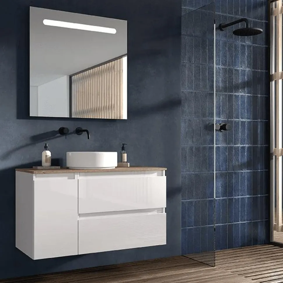 Mueble De 2 Cajones Y 1 Puerta + Lavabo Ceramico Flat + Espejo Liso Sevilla – Box – Visobath