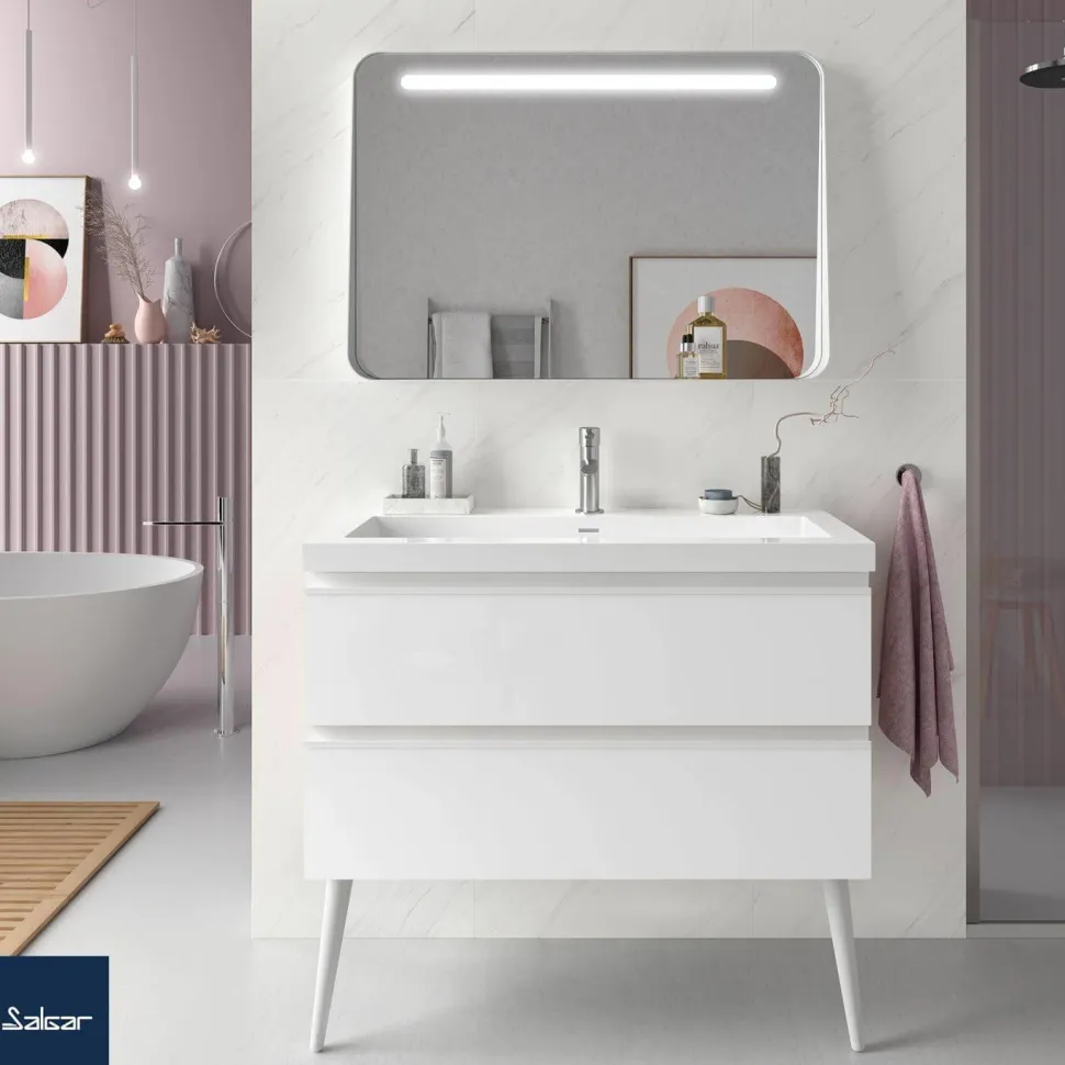 Mueble Suspendido 2 Cajones 70 Cm Con Tirador En Blanco Soft Y Lavabo Porcelana – Spirit – Salgar