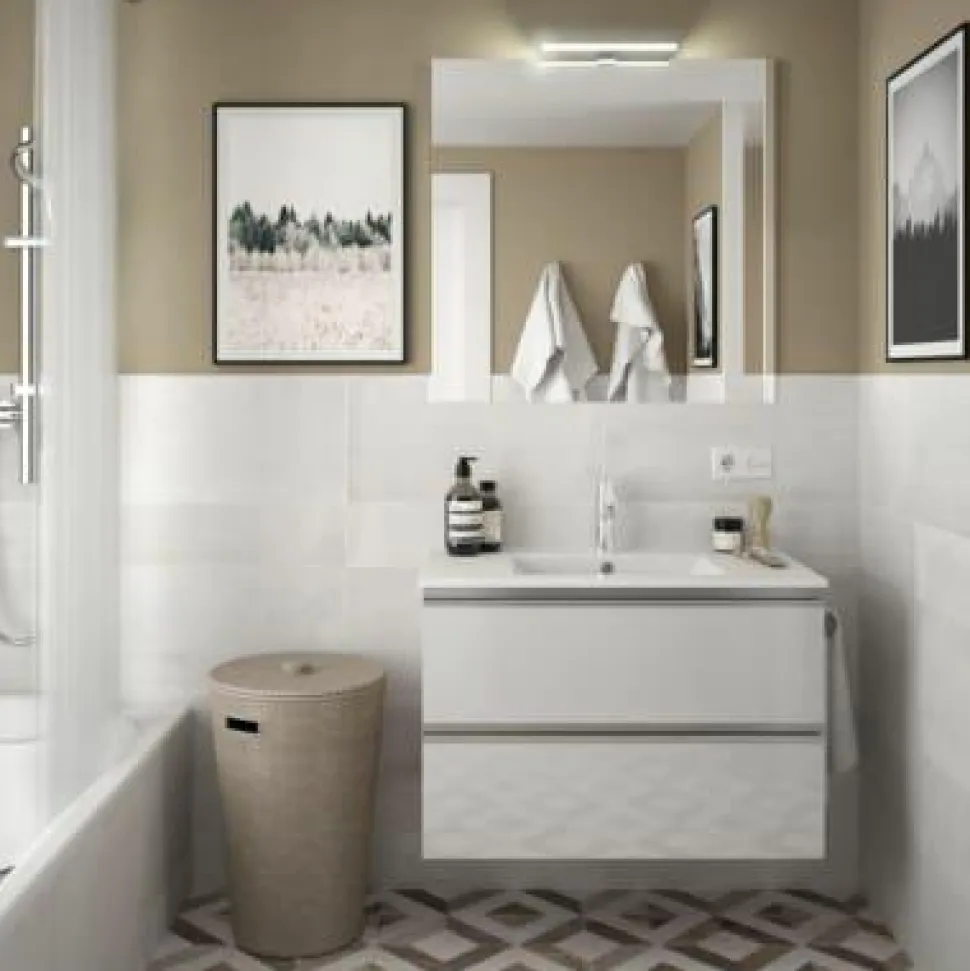 Mueble Suspendido 2 Cajones 60 Cm Con Tirador En Cromo Brillo Y Lavabo Porcelana – Spirit – Salgar
