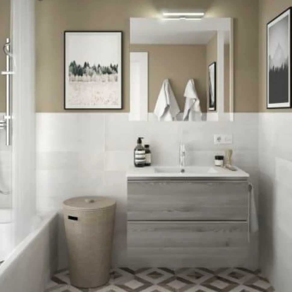 Mueble Suspendido 2 Cajones 60 Cm Con Tirador En Cromo Brillo Y Lavabo Porcelana – Spirit – Salgar