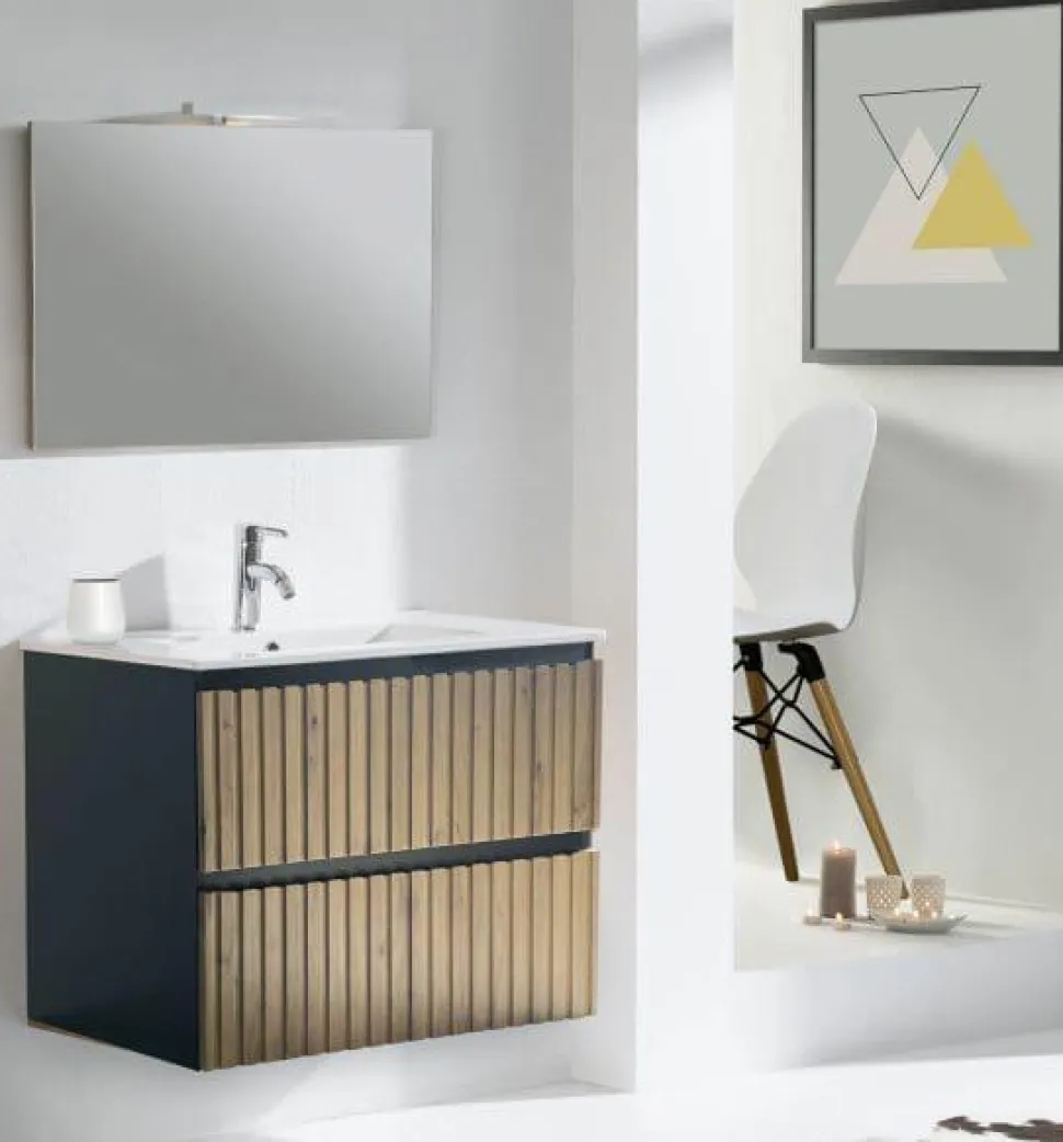 Mueble Suspendido 2 Cajones Con Frontal Recubierto Negro Mate/roble Rústico Y Lavabo Ceramico – Priscille – Muebles Jumar
