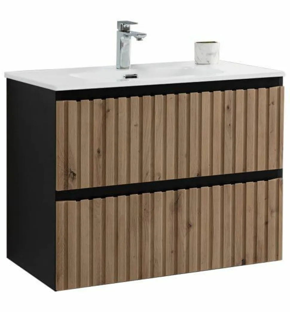 Mueble Suspendido 2 Cajones Con Frontal Recubierto Negro Mate/roble Rústico Y Lavabo Ceramico – Priscille – Muebles Jumar