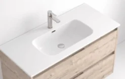 Mueble Suspendido 2 Cajones Frente Fresado Liso De MDF 22 Mm Acabado Oliva + Lavabo Cerámico Grosor 1,7 Cm Blanco Brillo – Saser – DP Baños