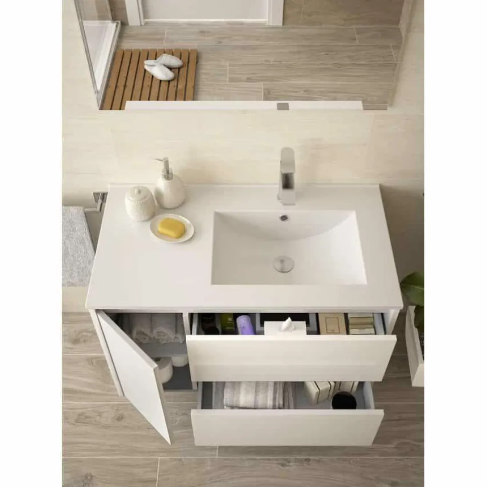 Mueble Suspendido 2 Cajones Y 1 Puerta Con Lavabo 850 Mm Coqueta Izquierda – Noja – Salgar