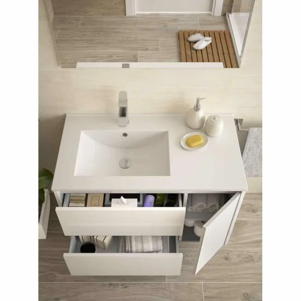 Mueble Suspendido 2 Cajones Y 1 Puerta Con Lavabo 855mm Coqueta Derecha – Noja – Salgar