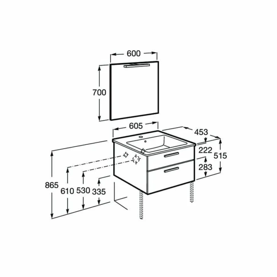 PACK – Conjunto De Mueble Base Con Dos Cajones, Lavabo De Sobremueble, Espejo Y Aplique LED – Victoria – Roca