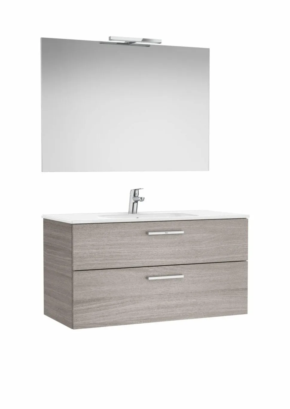 PACK – Conjunto De Mueble Base Con Dos Cajones, Lavabo De Sobremueble, Espejo Y Aplique LED – Victoria – Roca