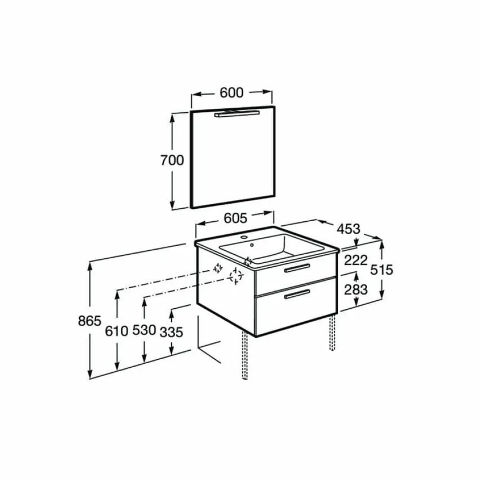PACK – Conjunto De Mueble Base Con Dos Cajones, Lavabo De Sobremueble, Espejo Y Aplique LED – Victoria – Roca