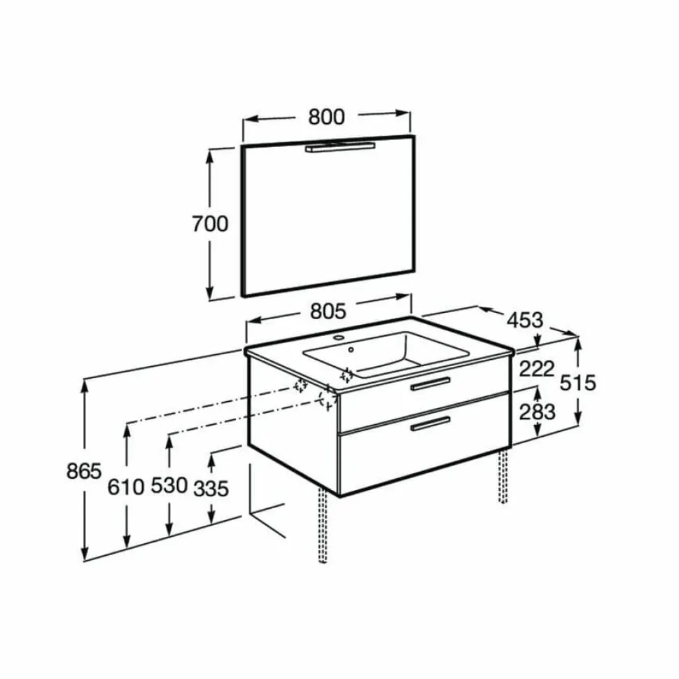 PACK – Conjunto De Mueble Base Con Dos Cajones, Lavabo De Sobremueble, Espejo Y Aplique LED – Victoria – Roca