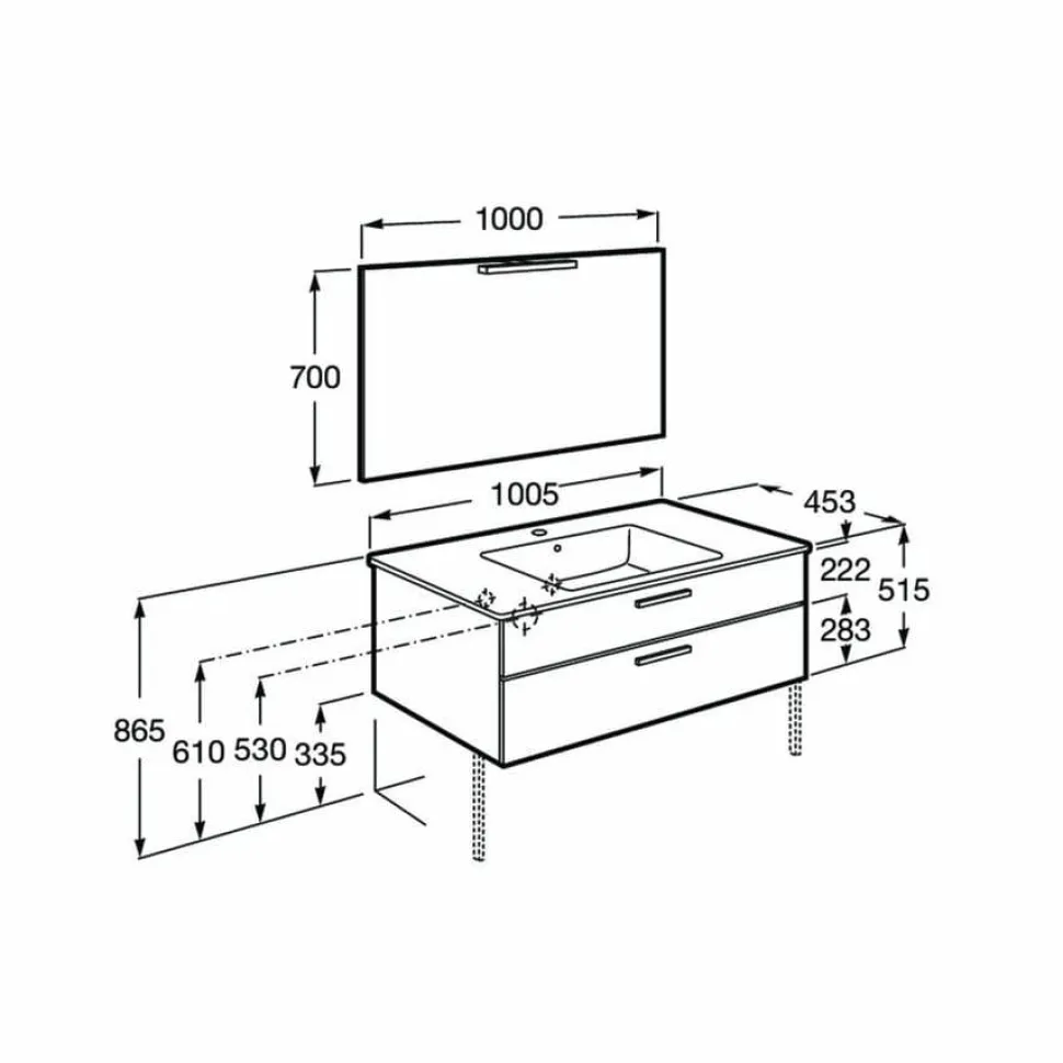 PACK – Conjunto De Mueble Base Con Dos Cajones, Lavabo De Sobremueble, Espejo Y Aplique LED – Victoria – Roca