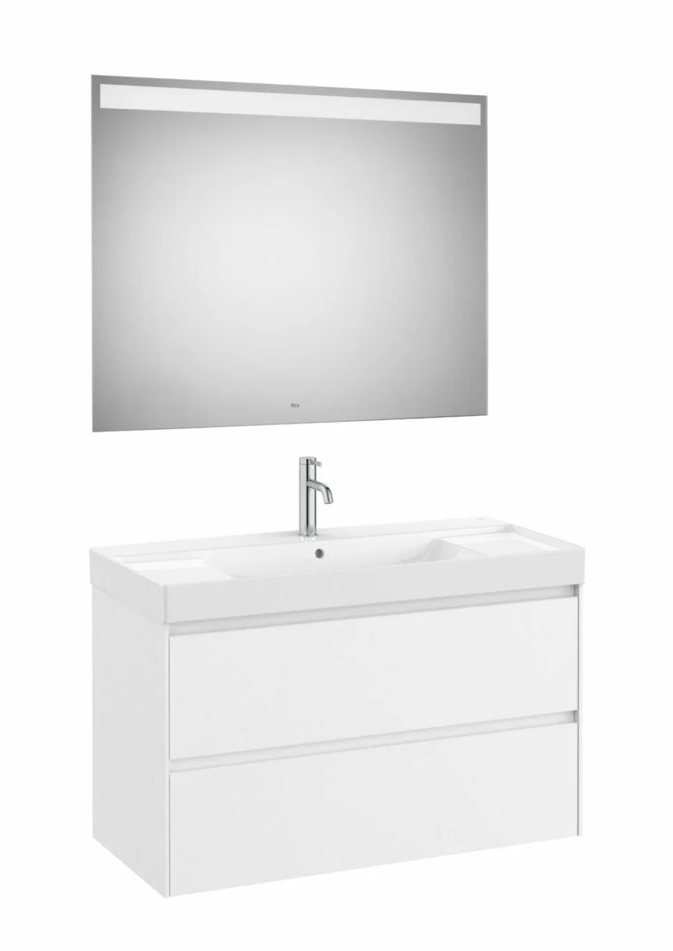 PACK – Conjunto De Mueble Base De Dos Cajones, Lavabo Y Espejo Eidos Con Luz LED Integrada En La Parte Superior – Ona – Roca