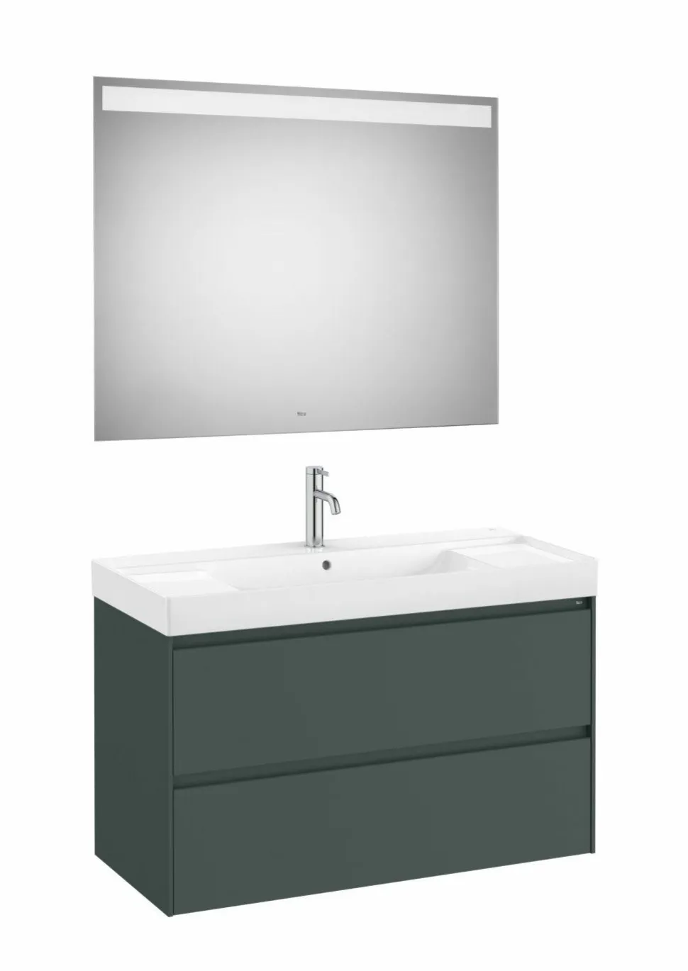 PACK – Conjunto De Mueble Base De Dos Cajones, Lavabo Y Espejo Eidos Con Luz LED Integrada En La Parte Superior – Ona – Roca