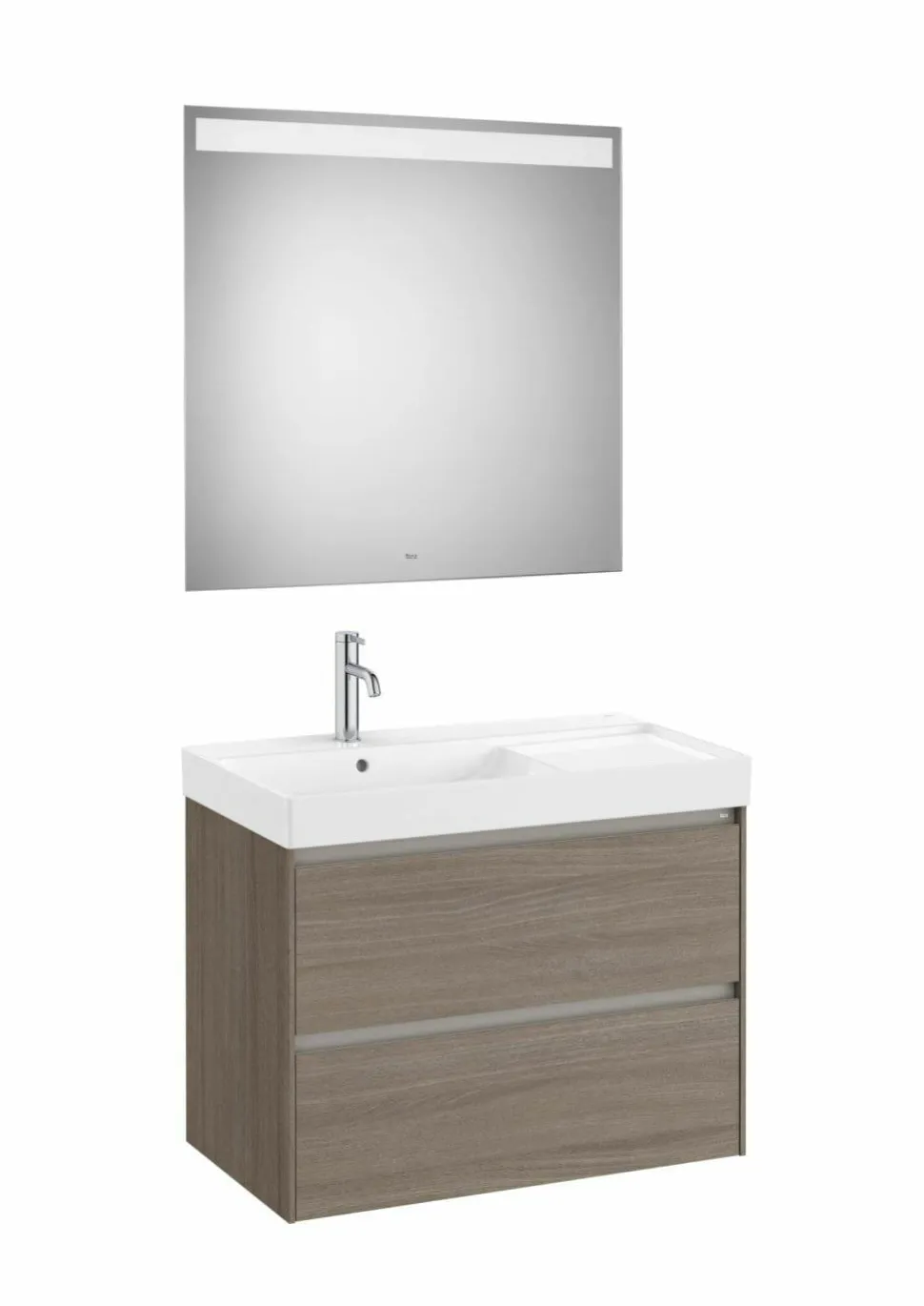 PACK – Conjunto De Mueble Base De Dos Cajones, Lavabo Y Espejo Eidos Con Luz LED Integrada En La Parte Superior – Ona – Roca