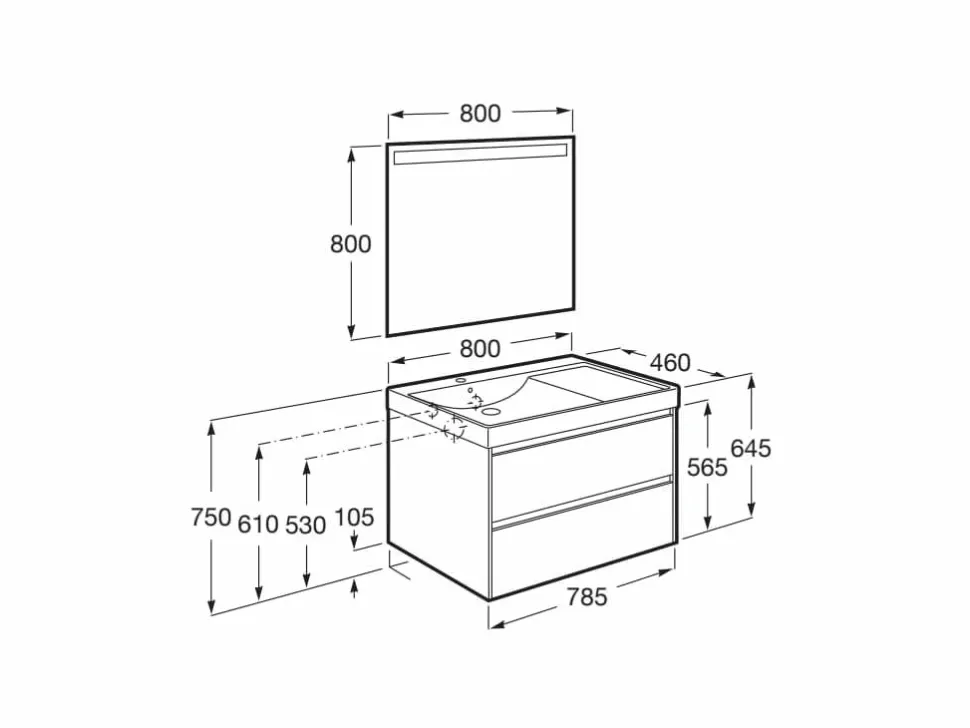 PACK – Conjunto De Mueble Base De Dos Cajones, Lavabo Y Espejo Eidos Con Luz LED Integrada En La Parte Superior – Ona – Roca
