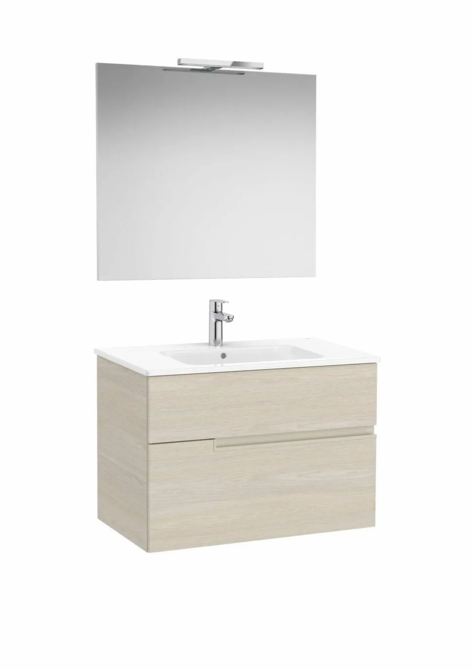 Pack – Conjunto De Mueble Base De Dos Cajones, Lavabo Y Espejo Luna Con Aplique LED Starlight – Victoria-N – Roca