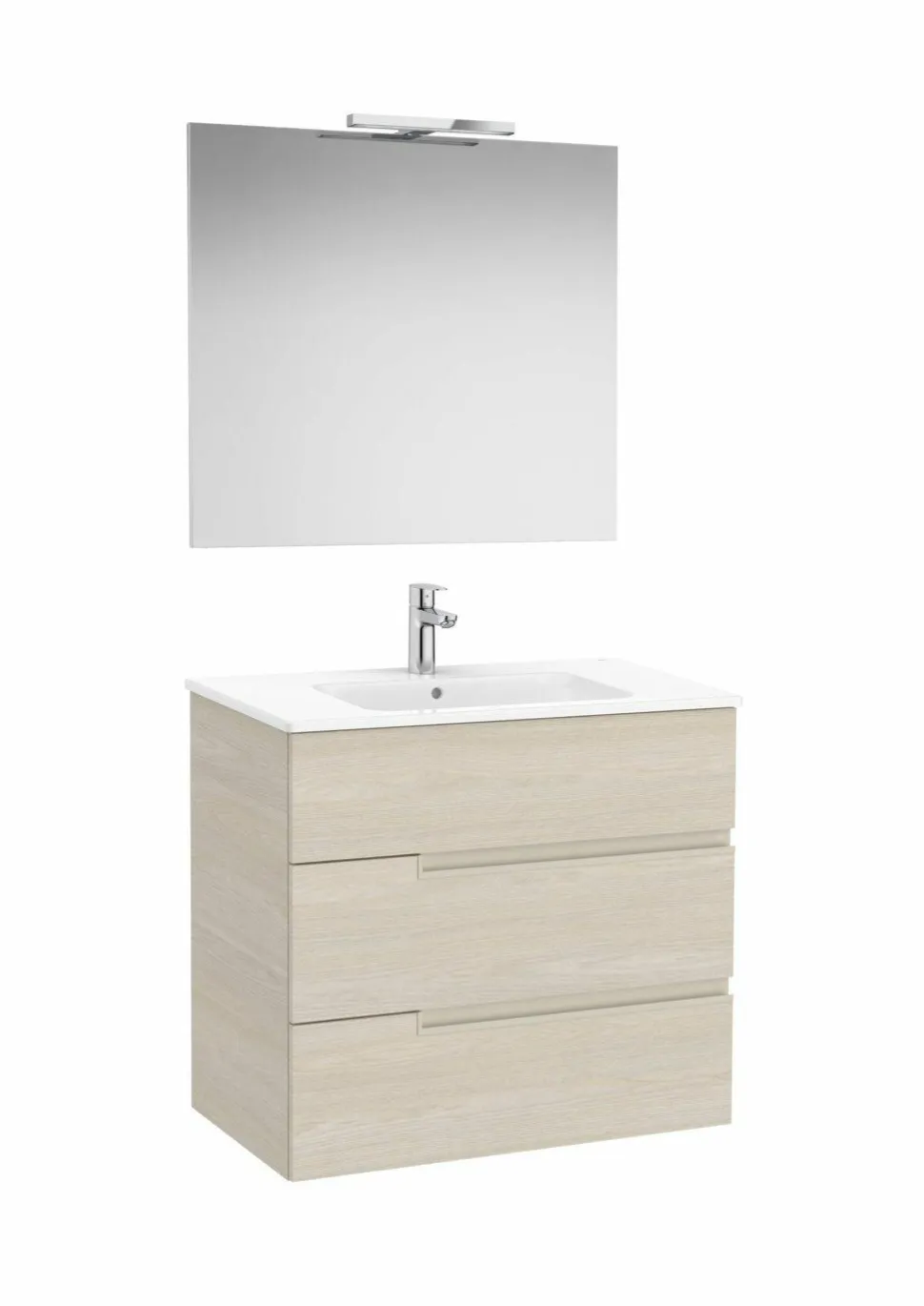 Pack – Conjunto De Mueble Base De Tres Cajones, Lavabo Y Espejo Luna Con Aplique LED Starlight – Victoria-N – Roca