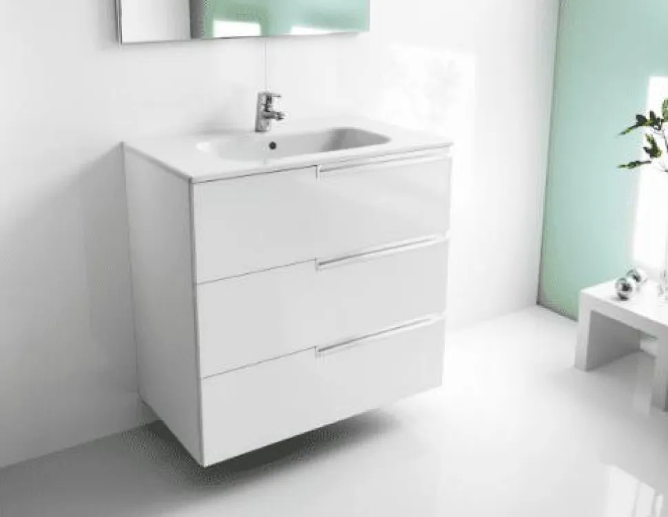 Pack – Conjunto De Mueble Base De Tres Cajones, Lavabo Y Espejo Luna Con Aplique LED Starlight – Victoria-N – Roca
