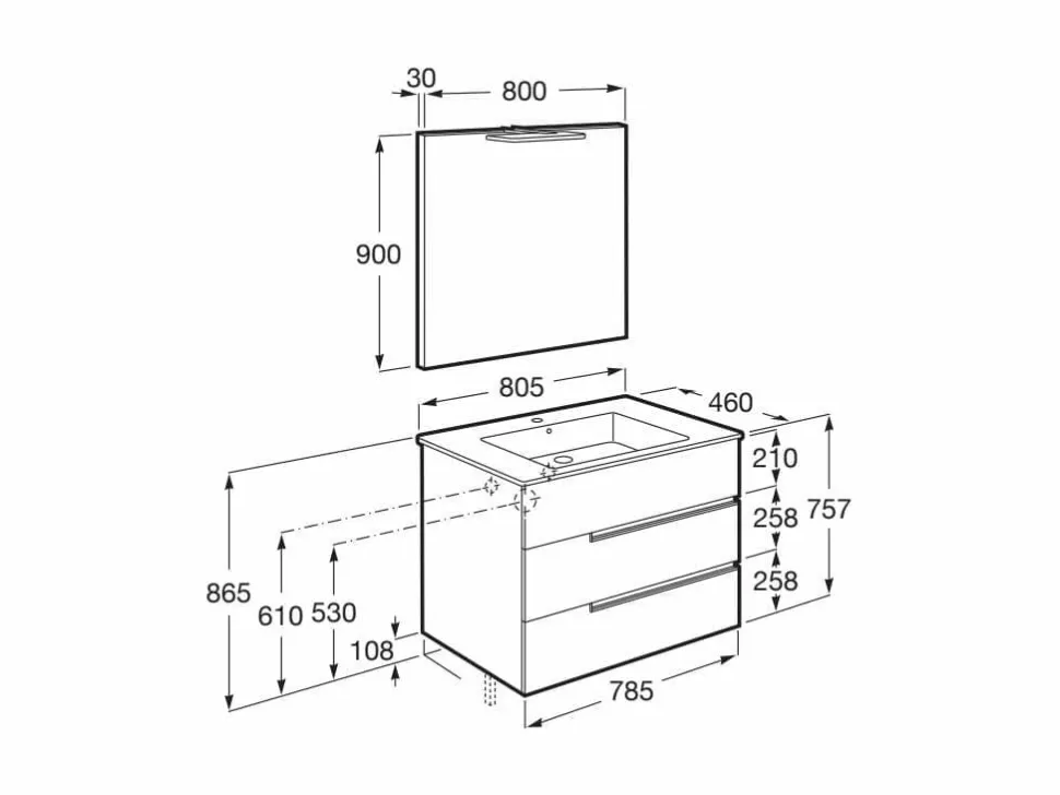 Pack – Conjunto De Mueble Base De Tres Cajones, Lavabo Y Espejo Luna Con Aplique LED Starlight – Victoria-N – Roca