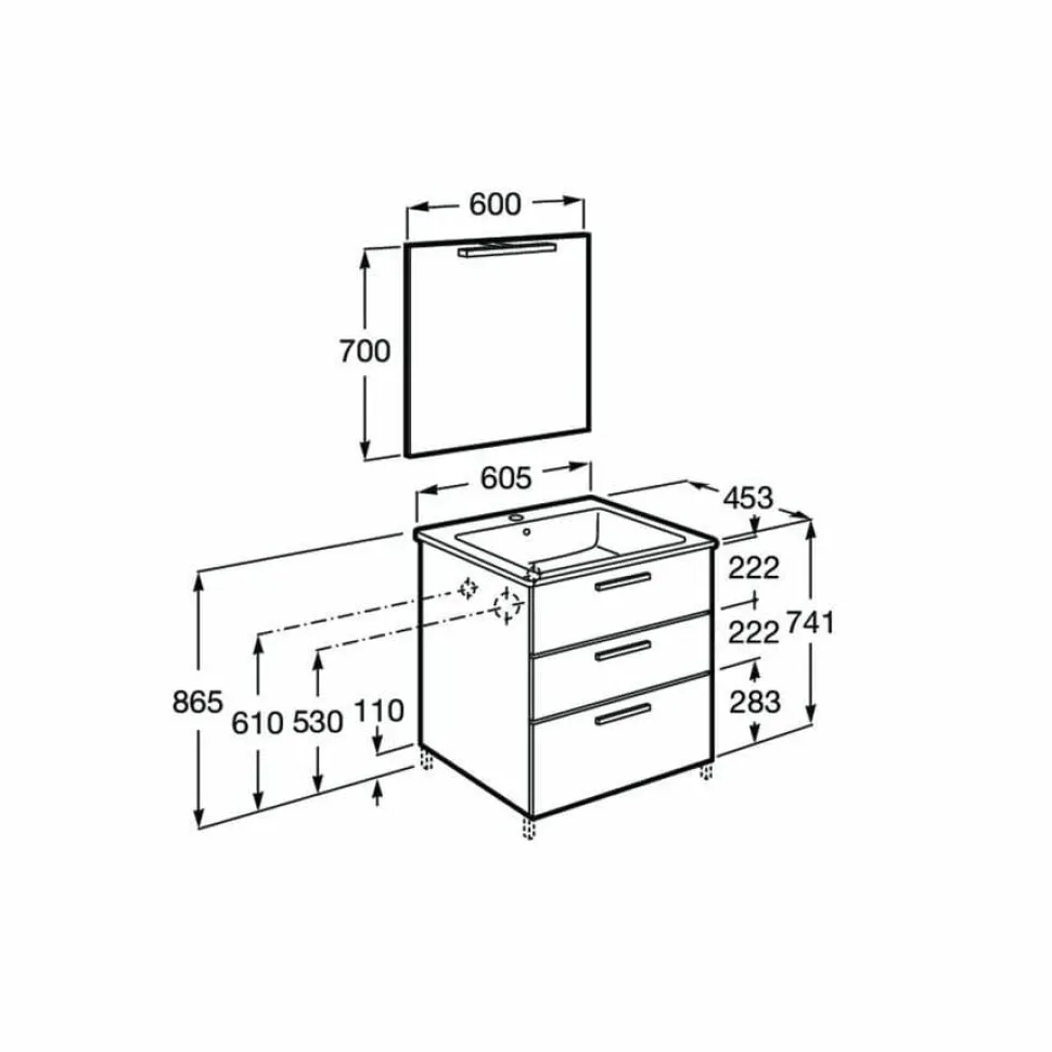 PACK Family – Conjunto De Mueble Base Con Tres Cajones, Lavabo De Sobremueble, Espejo Y Aplique LED – Victoria – Roca