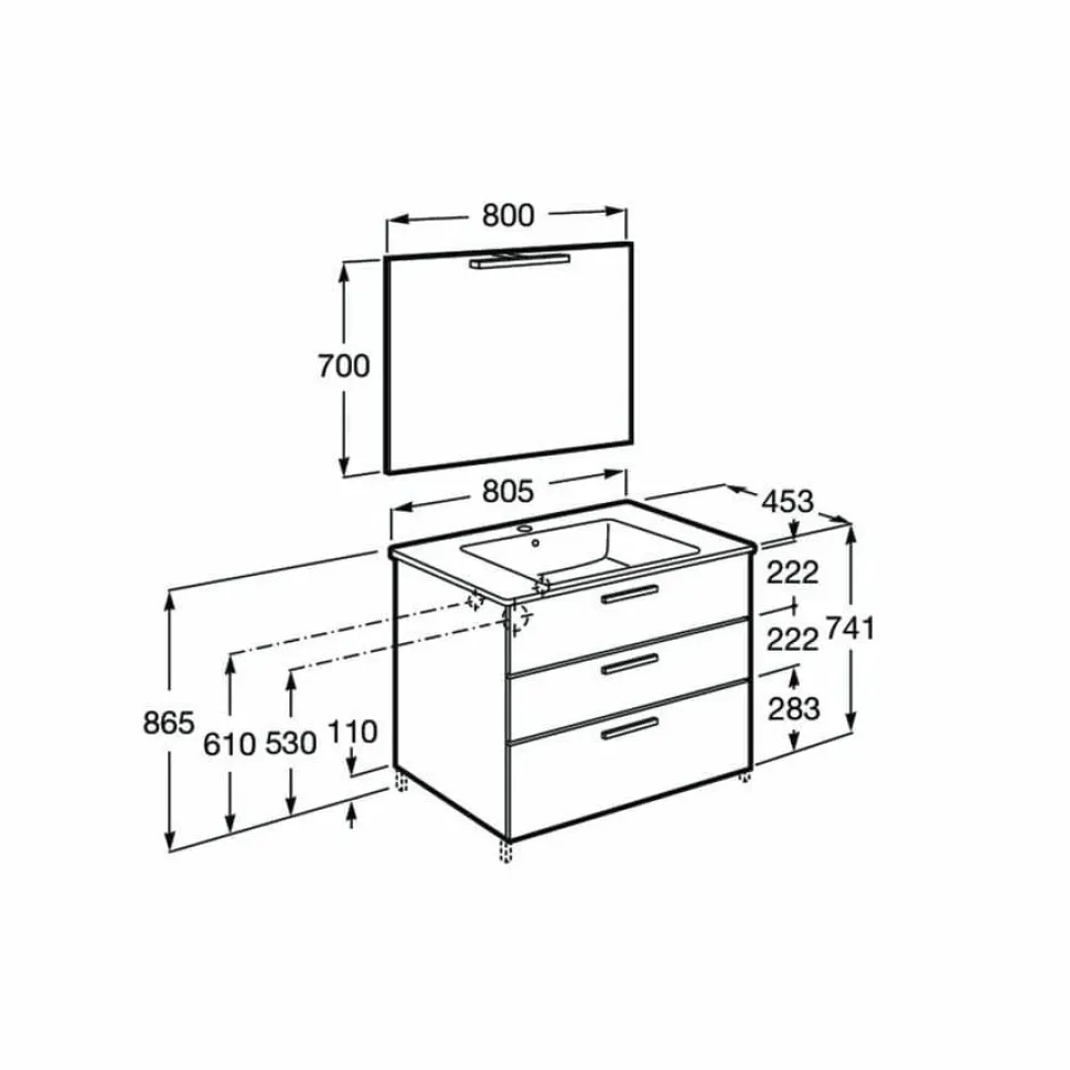 PACK Family – Conjunto De Mueble Base Con Tres Cajones, Lavabo De Sobremueble, Espejo Y Aplique LED – Victoria – Roca