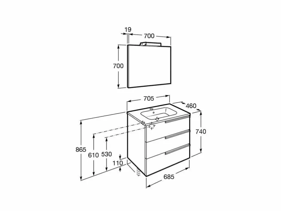 Pack Mueble 3 Cajones + Lavabo + Espejo Y Aplique LED – Victoria-N – Roca – Victoria