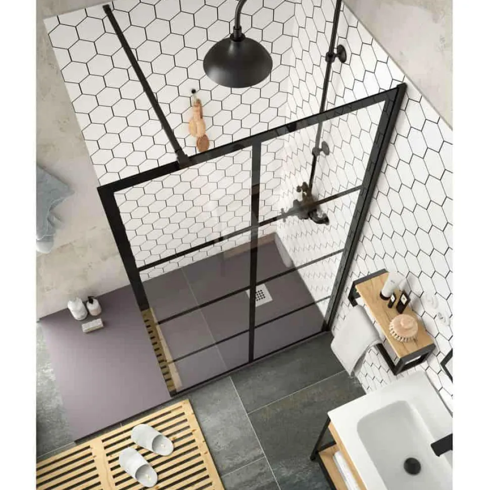 Panel Fijo Con Perfileria Negra Y Vidrio De 8 Mm Decorado Moire – Serie Heaven Black – Salgar